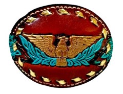 EAGLE Belt BUCKLE w/ GOLD BUCKSTITCHING Lg HANDMADE Brown LEATHER Western/Biker