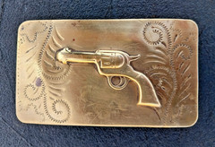 Vintage Western Brass Belt Buckle Embossed Revolver Gun Pistol Solid Bar RARE