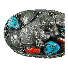 Navajo HP Maker Sterling Native American Grizzly Bear Turqoise Coral Buckle 88g