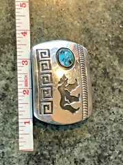 Navajo ~Rosco Scott ~Sterling Silver Overlay Turquoise Bear Belt Buckle – #419