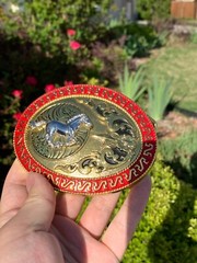 Western Buckle Gold Silver Red Running Horse Cowboy Oval 2 » Hebilla Vaquero