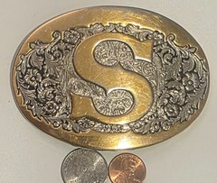 Vintage Metal Belt Buckle, Brass, Initial S, Letter S, Nice Western Style Design
