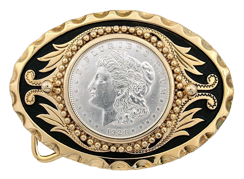 Gold Color Oval Western REAL 1921 Morgan Silver Dollar Belt Buckle EPBB270/11625
