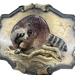 Raccoon Vintage 1977 Raintree Men&rsquo;s Brass Belt Buckle 3D Enamel 3.75&Prime; Retro 70&rsquo;s