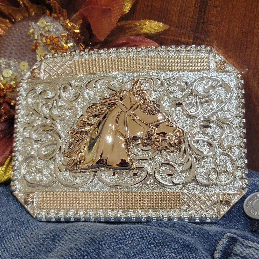 Horse Face Cowboy Belt Buckle Western HebillaSilver & Rosetone 4×3.5 Inch