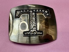 Letter Initial T – Silver color Vintage Belt Buckle – Missing Rhinestone?