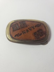 NAVY BELT BUCKLE Vintage Brass Leather Front