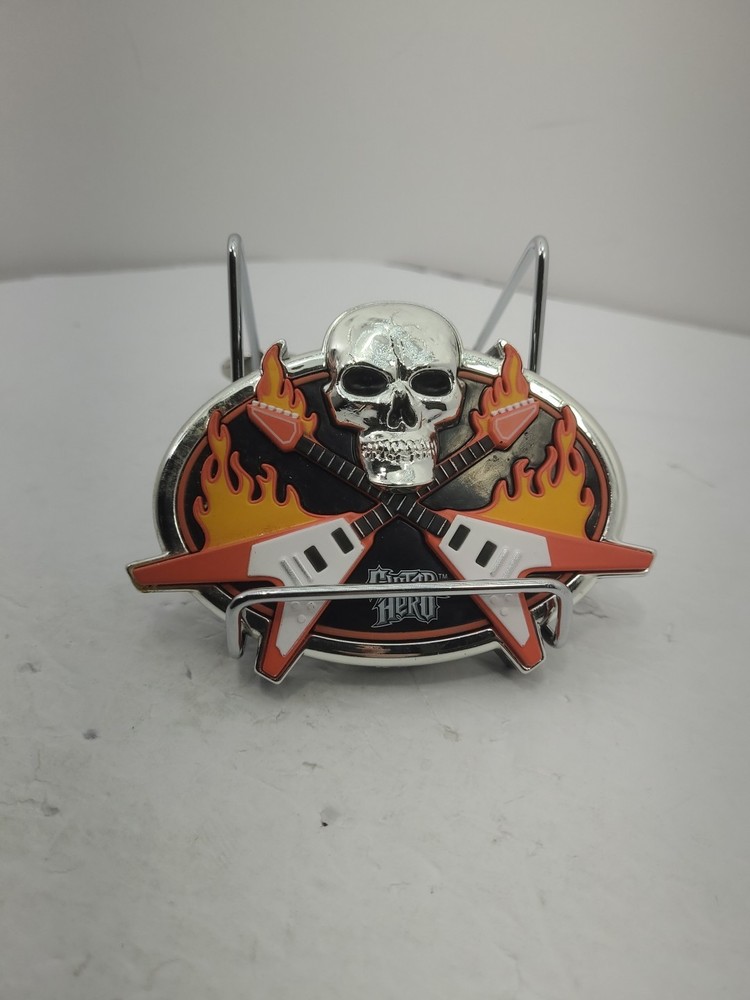 Plastic Guitar Hero Belt Buckle With Skull & Flames