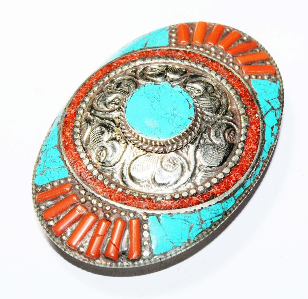 Tibetan Turquoise Red Coral Handmade Gemstone Nepali belt buckle Nepali Stone