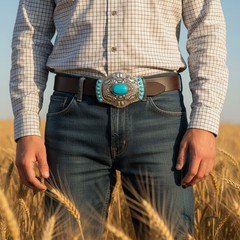 Men Silver Metal Belt Buckle Ethnic Western Vintage Fashion Turquoise Blue Beads