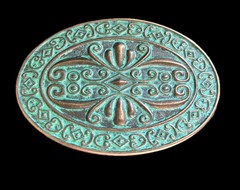 Antique Turquoise Patina Brass Belt Buckle Engraved Western Cowgirl Cowboy Style