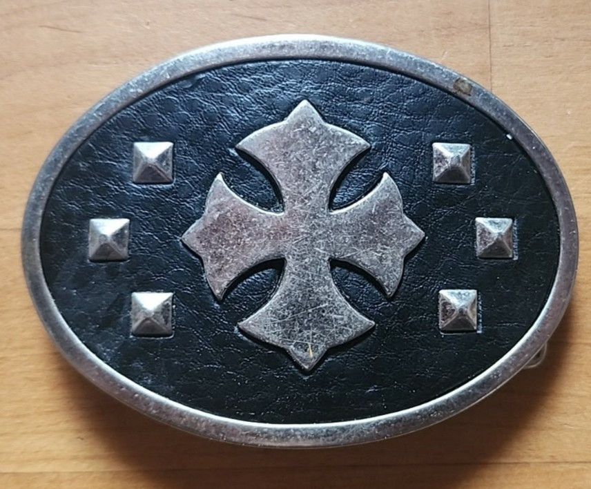 Iron Cross Religious Faith Gothic Punk on Faux Black Leather Belt Buckle #KA8