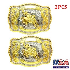 2PCS WESTERN SHINE BELT BUCKLE MEN BULL RIDE RODEO ANIMAL HUGE RODEO BIG COWBOY
