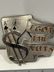I GOT THE NUTS! PAIR OF ACES GAMBLING BELT BUCKLE 3 1/4&Prime; wide