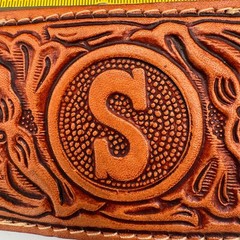 Vintage Hand Tooled Leather Belt Buckle Monogram Initial S Western Floral Tan