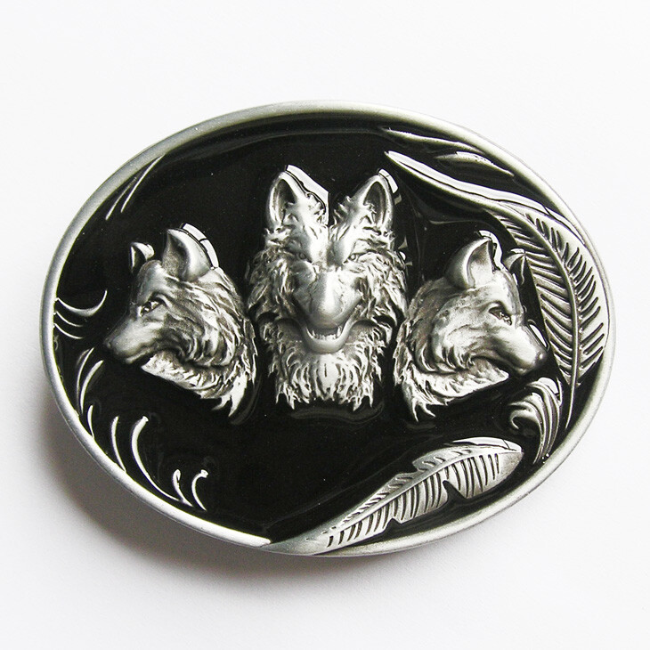 Wolf Wolves Western Black Enamel Metal Belt Buckle