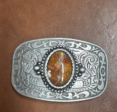 Boho Western Belt Buckle Jasper Stone Silver Tone Engraved Vintage- Rodeo