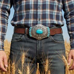 Men Silver Metal Buckle Rodeo Western Decorative Turquoise Blue Beads Jeans Pant