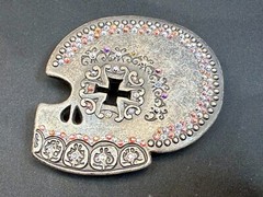 Skull Heads Cross with Rhinestone Accents Gothic Punk Biker ENMON Belt Buckle