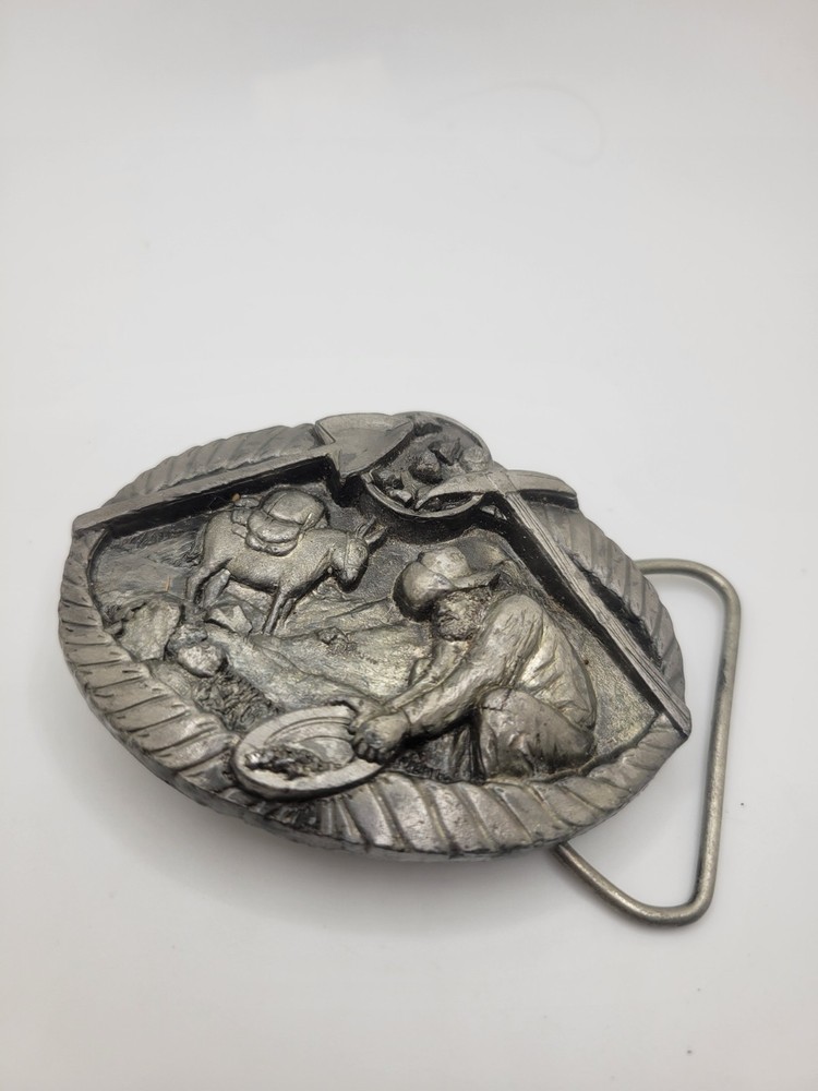 1980&rsquo;s Gold Miner Panning Pewter Silver Tone Belt Buckle Buckles Of America