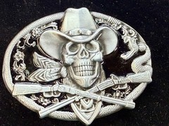 Cowboy Skull Bandana with Crossed Rifles Snakes Silver Color Western Belt Buckle