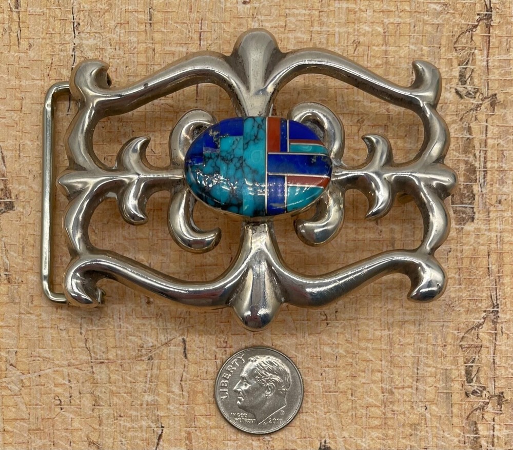 Sterling Silver Sand Cast Turquoise Belt Buckle by FL Begay (Navajo) 53g