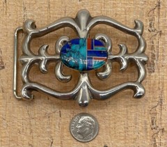 Sterling Silver Sand Cast Turquoise Belt Buckle by FL Begay (Navajo) 53g