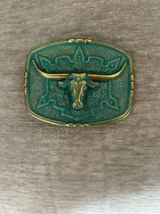Longhorn Steer Skull Belt Buckle Patina Western Cowboy Bull Cow Green Gold