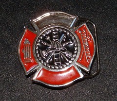 FIREMAN FOUR SIDED SHIELD WITH HYDRANT AND LADDER BELT BUCKLE
