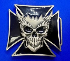 Devil Skull Maltese Cross Enamel Gothic Punk Pewter A-9 Siskiyou Belt Buckle