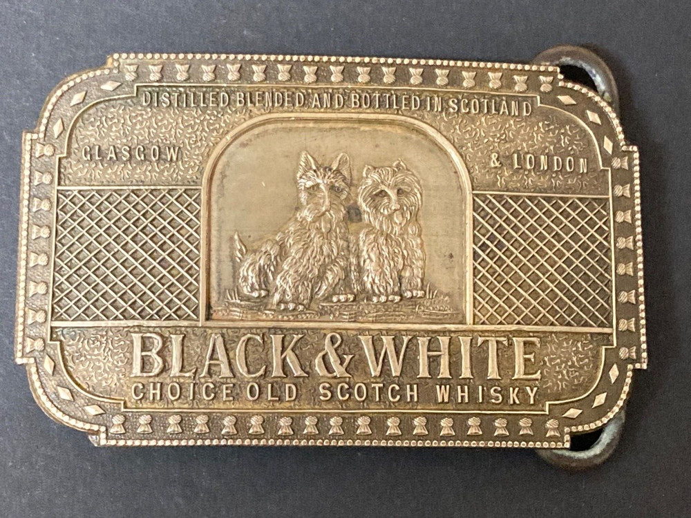 Vintage Black & White Scotch Whisky Solid Brass Belt Buckle, Fantasy Collection