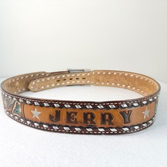 VTG Western Tooled Leather Belt Eagle Floral Inlay Personalized Jerry Size 36