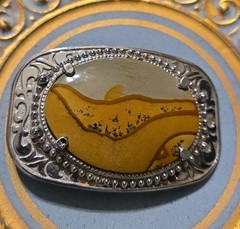 Vtg Landscape Jasper Stone Western Belt Buckle Desert Scene