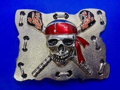 Raised Pirate Skull in Red Bandana Swords Gothic Punk Biker Vibe Belt Buckle