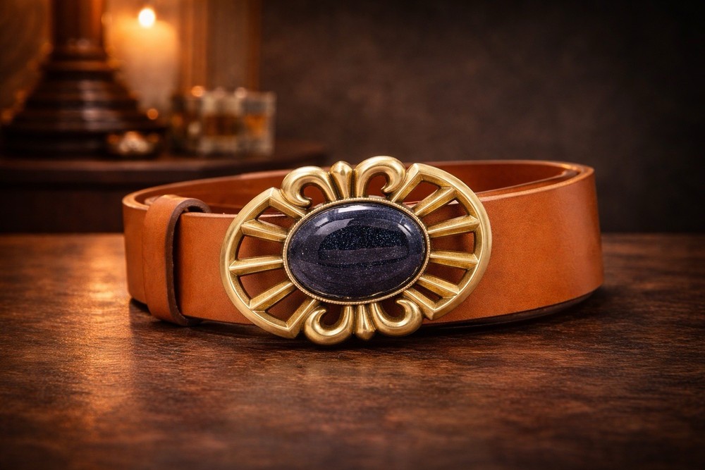Blue Goldstone Belt Buckle – Antique Brass Finish
