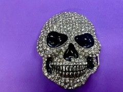 Creepy Skull Grinning Teeth Black Enamel Clear Rhinestone Covered Belt Buckle