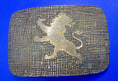 Heraldic Rampant Lion Grid Pattern Brass Tone Belt Buckle, Made in Italy