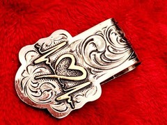 HEARTBEAT EMBLEM~HAND ENGRAVED MONEY CLIP $GERMAN SILVER & JEWLERS BRONZE