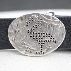 Modernist Flamingo Print Belt Buckle Oval Shape in Antique Silver for Belts