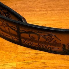 Vtg Brown Leather Belt with UF of Fl Mascot with Western scenes. Buckle Uf Gator