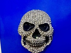 Creepy Skull Grinning Teeth Black Enamel Clear Rhinestone Covered Belt Buckle