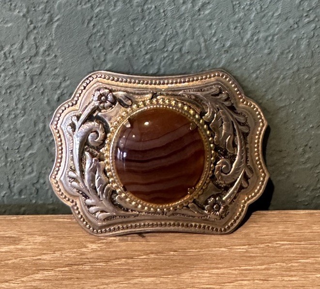 Vintage Western Belt Buckle Carnelian Agate Stone Silver Tone Floral Engraving