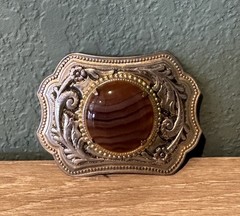 Vintage Western Belt Buckle Carnelian Agate Stone Silver Tone Floral Engraving