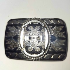 Vintage Silver Tone Western Belt Buckle Blank Black Filigree Scrollwork 30x40mm