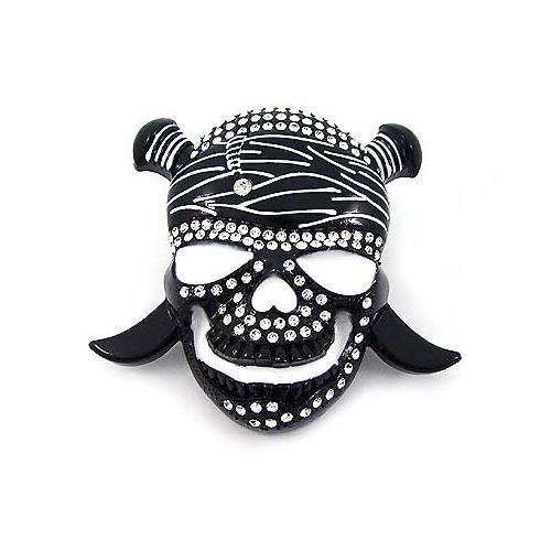 Halloween Pirate Skull & Swords Rhinestones Black Chrome Metal Belt Buckle