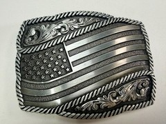 Waving American Flag Patriotic Silver Color Rope Border Western NOS Belt Buckle