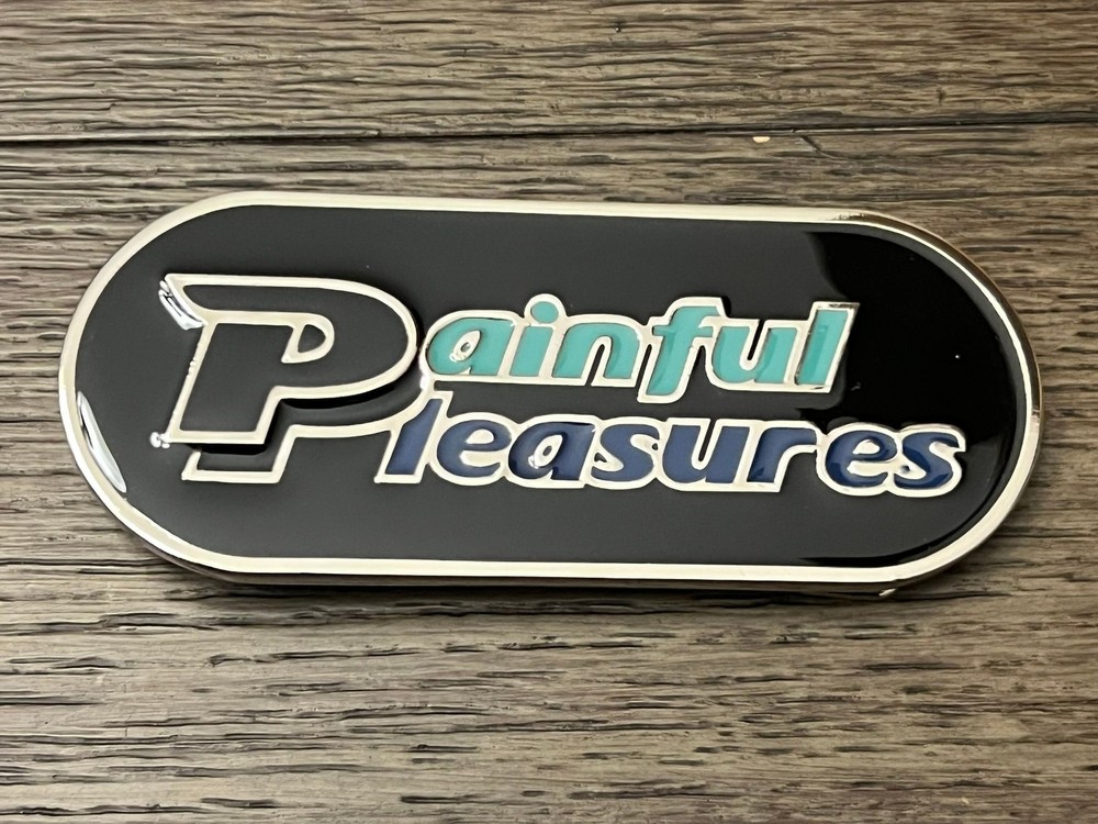 Painful Pleasures Enamel Belt Buckle Black Teal Blue Oval Logo Collectible Lapel