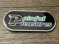 Painful Pleasures Enamel Belt Buckle Black Teal Blue Oval Logo Collectible Lapel