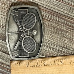 Tennis Rackets Belt Buckle Vintage 70s Indiana Metal Craft Pewter Crossing 1977