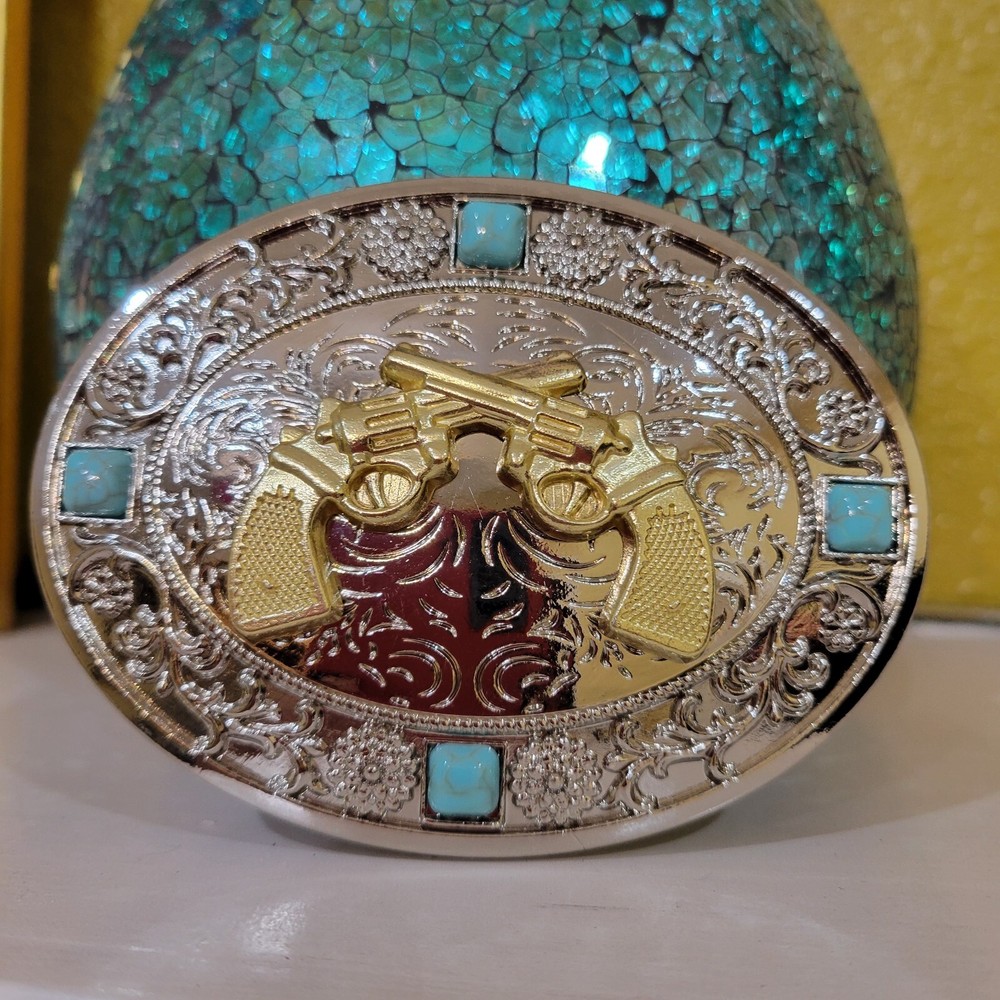 Crossed guns Western belt Buckle oval Gold Silver Heavy blue stone accents
